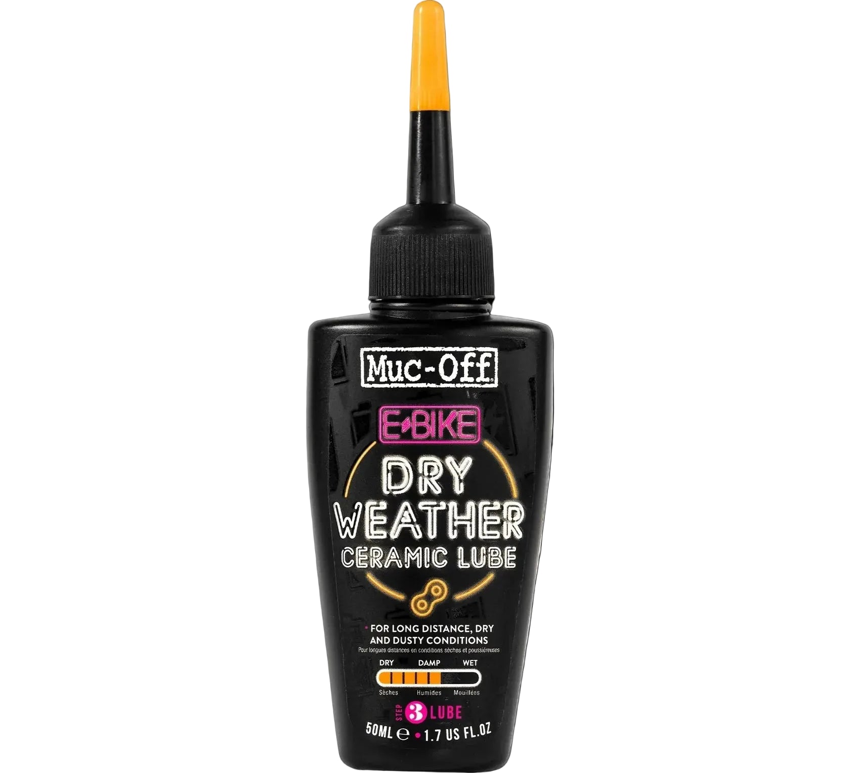 Bottle of Muc-Off E-Bike Dry Weather Ceramic Lube on a white background