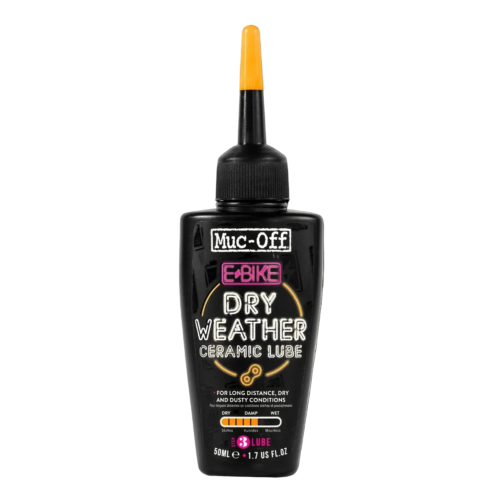Bottle of Muc-Off E-Bike Dry Weather Ceramic Lube on a white background